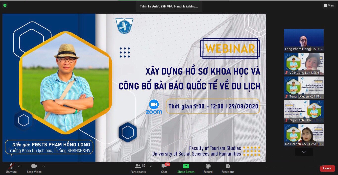WEBINAR “XÂY DỰNG HỒ SƠ KHOA HỌC VÀ CÔNG BỐ BÀI BÁO QUỐC TẾ VỀ DU LỊCH”