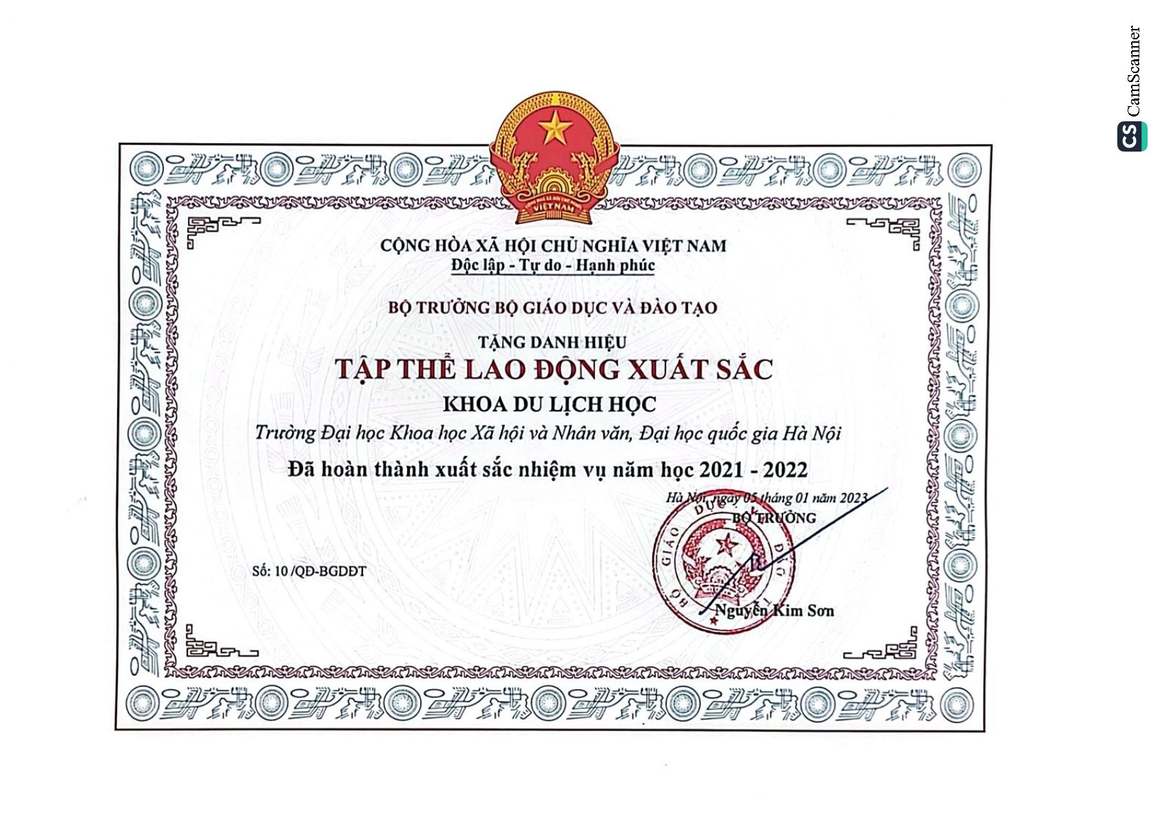 Giấy khen KDLH tập thể lao động xuất sắc