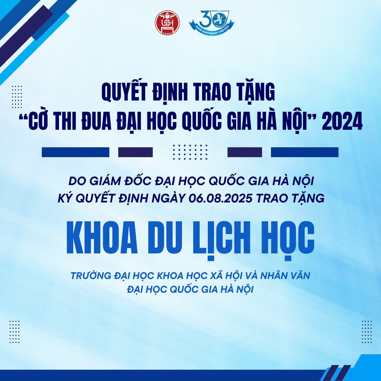 KHOA DU LỊCH HỌC - ĐƠN VỊ DUY NHẤT TRƯỜNG ĐHKHXH&NV VINH DỰ NHẬN “CỜ THI ĐUA ĐẠI HỌC QUỐC GIA HÀ NỘI 2024”